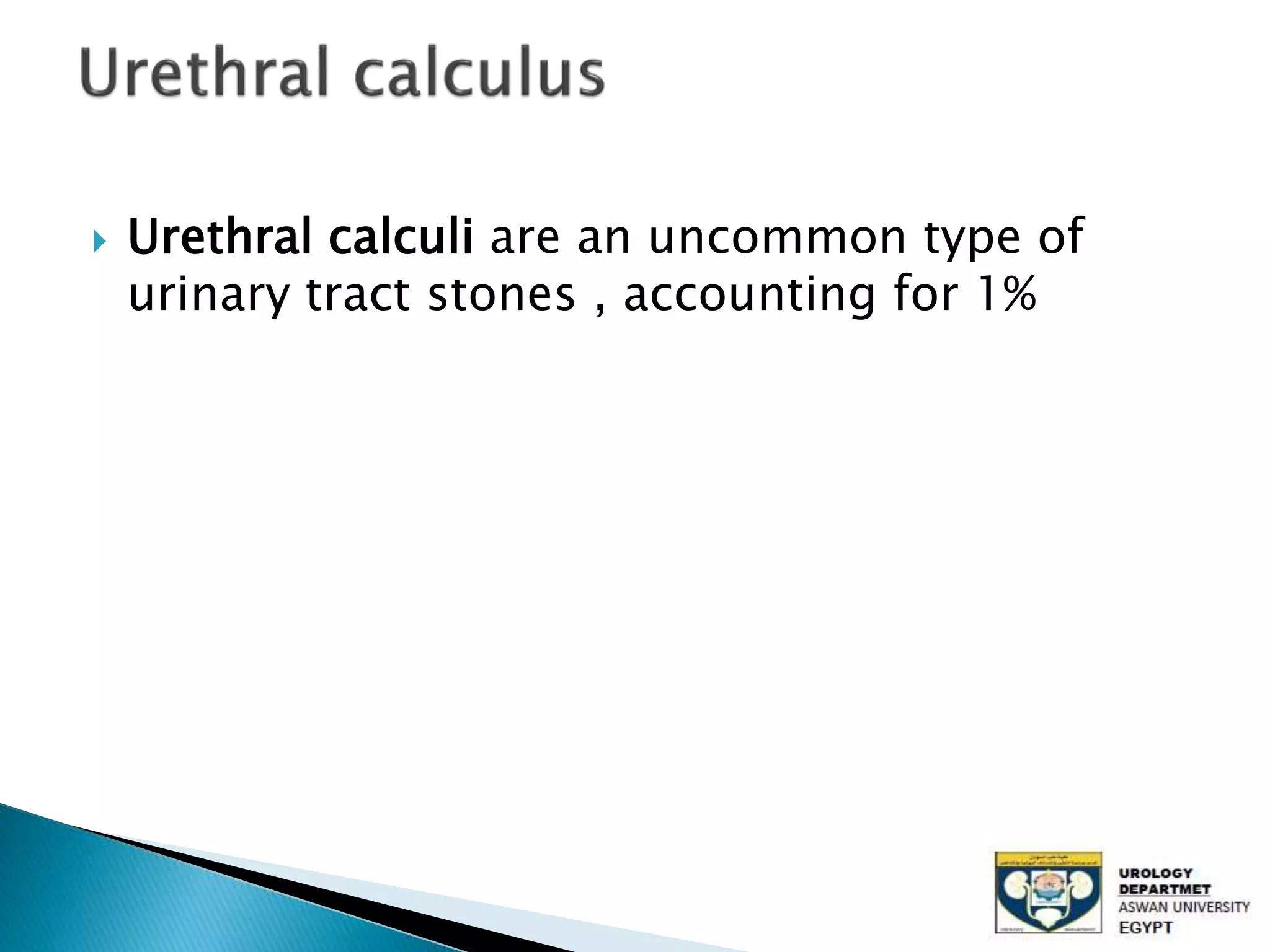 Urethral calculi are an uncommon type of
urinary tract stones , accounting for 1%