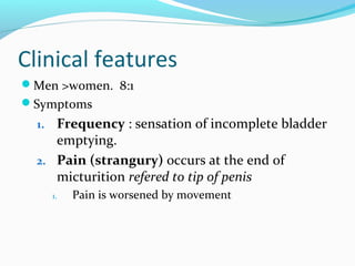 Clinical features
Men >women. 8:1
Symptoms
1. Frequency : sensation of incomplete bladder
emptying.
2. Pain (strangury) occurs at the end of
micturition refered to tip of penis
1. Pain is worsened by movement
 