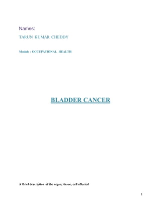 1
Names:
TARUN KUMAR CHEDDY
Module : OCCUPATIONAL HEALTH
BLADDER CANCER
A Brief description of the organ, tissue, cell affected
 