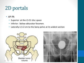 2D portals
• AP-PA
• Superior :at the L5-S1 disc space
• Inferior : below obturator foramen.
• Laterally:1.5-2 cm to the bony pelvis at its widest section
 