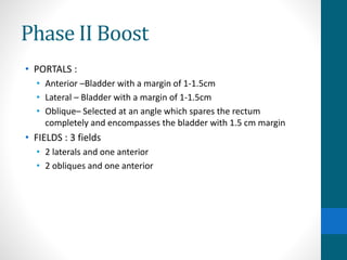 Phase II Boost
• PORTALS :
• Anterior –Bladder with a margin of 1-1.5cm
• Lateral – Bladder with a margin of 1-1.5cm
• Oblique– Selected at an angle which spares the rectum
completely and encompasses the bladder with 1.5 cm margin
• FIELDS : 3 fields
• 2 laterals and one anterior
• 2 obliques and one anterior
 