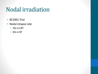 Nodal irradiation
• BC2001 Trial
• Nodal relapse rate
• 3% in CRT
• 6% in RT
 