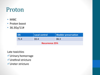 Proton
• MIBC
• Proton boost
• 36.3Gy/11#
Late toxicities
Urinary hemorrage
Urethral stricture
Ureter stricture
OS Local control Bladder preservation
71.4 83.4 86.3
Recurrence 25%
 
