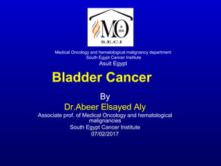 Bladder Cancer
By
Dr.Abeer Elsayed Aly
Associate prof. of Medical Oncology and hematological
malignancies
South Egypt Cancer Institute
07/02/2017
Medical Oncology and hematological malignancy department
South Egypt Cancer Institute
Asuit Egypt
 