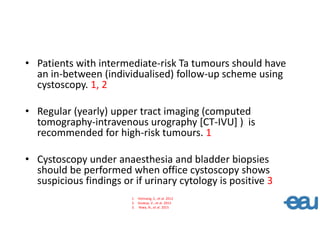 • Patients with intermediate-risk Ta tumours should have
an in-between (individualised) follow-up scheme using
cystoscopy. 1, 2
• Regular (yearly) upper tract imaging (computed
tomography-intravenous urography [CT-IVU] ) is
recommended for high-risk tumours. 1
• Cystoscopy under anaesthesia and bladder biopsies
should be performed when office cystoscopy shows
suspicious findings or if urinary cytology is positive 3
1. Holmang, S., et al. 2012
2. Soukup, V., et al. 2012
3. Niwa, N., et al. 2015
 