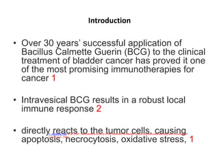 Introduction
• Over 30 years’ successful application of
Bacillus Calmette Guerin (BCG) to the clinical
treatment of bladder cancer has proved it one
of the most promising immunotherapies for
cancer 1
• Intravesical BCG results in a robust local
immune response 2
• directly reacts to the tumor cells, causing
apoptosis, necrocytosis, oxidative stress, 1
1. Jiansong Han et al, 2020 ; Mechanisms of BCG in the treatment of bladder cancer-current understanding and the prospect
2. Shen et al., 2008
 