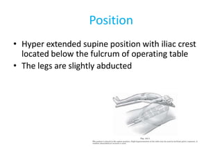 Position
• Hyper extended supine position with iliac crest
located below the fulcrum of operating table
• The legs are slightly abducted
 