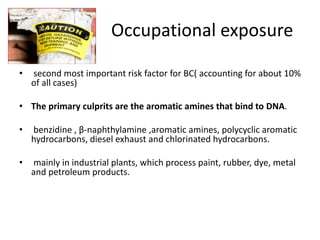 Occupational exposure
• second most important risk factor for BC( accounting for about 10%
of all cases)
• The primary culprits are the aromatic amines that bind to DNA.
• benzidine , β-naphthylamine ,aromatic amines, polycyclic aromatic
hydrocarbons, diesel exhaust and chlorinated hydrocarbons.
• mainly in industrial plants, which process paint, rubber, dye, metal
and petroleum products.
 