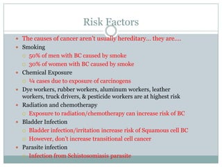 Risk FactorsThe causes of cancer aren’t usually hereditary… they are….Smoking50% of men with BC caused by smoke30% of women with BC caused by smokeChemical Exposure¼ cases due to exposure of carcinogensDye workers, rubber workers, aluminum workers, leather workers, truck drivers, & pesticide workers are at highest riskRadiation and chemotherapyExposure to radiation/chemotherapy can increase risk of BCBladder InfectionBladder infection/irritation increase risk of Squamous cell BCHowever, don’t increase transitional cell cancerParasite infectionInfection from Schistosomiasis parasite