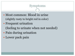 SymptomsMost common: Blood in urine (slightly rusty to bright red in color)Frequent urination	(feeling to urinate when not needed)Pain during urinationLower pack pain