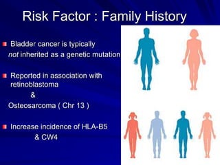Risk Factor : Family History
Bladder cancer is typically
not inherited as a genetic mutation.
Reported in association with
retinoblastoma
&
Osteosarcoma ( Chr 13 )
Increase incidence of HLA-B5
& CW4

 