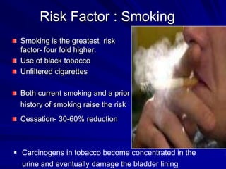 Risk Factor : Smoking
Smoking is the greatest risk
factor- four fold higher.
Use of black tobacco
Unfiltered cigarettes
Both current smoking and a prior
history of smoking raise the risk
Cessation- 30-60% reduction

 Carcinogens in tobacco become concentrated in the
urine and eventually damage the bladder lining

 