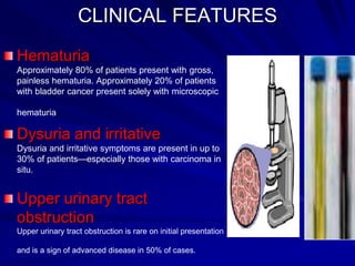 CLINICAL FEATURES
Hematuria
Approximately 80% of patients present with gross,
painless hematuria. Approximately 20% of patients
with bladder cancer present solely with microscopic
hematuria.

Dysuria and irritative
Dysuria and irritative symptoms are present in up to
30% of patients—especially those with carcinoma in
situ.

Upper urinary tract
obstruction
Upper urinary tract obstruction is rare on initial presentation
and is a sign of advanced disease in 50% of cases.

 