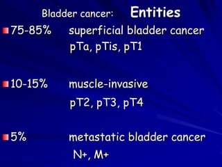 Bladder cancer:

Entities

75-85%

superficial bladder cancer
pTa, pTis, pT1

10-15%

muscle-invasive

pT2, pT3, pT4
5%

metastatic bladder cancer
N+, M+

 