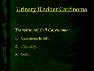 Urinary Bladder Carcinoma
Transitional Cell Carcinoma:
1. Carcinona In Situ.
2. Papillary.
3. Solid.
 