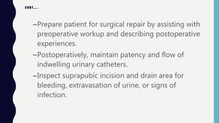 CONT.…..
–Prepare patient for surgical repair by assisting with
preoperative workup and describing postoperative
experiences.
–Postoperatively, maintain patency and flow of
indwelling urinary catheters.
–Inspect suprapubic incision and drain area for
bleeding, extravasation of urine, or signs of
infection.
 