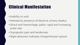 Clinical Manifestation
• Inability to void
• Hematuria; presence of blood at urinary meatus
• Shock and hemorrhage, pallor, rapid and increasing
pulse rate
• Suprapubic pain and tenderness
• Rigid abdomen indicates intraperitoneal rupture
 