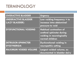 TERMINOLOGY
OVERACTIVE BLADDER Urgency
UNDERACTIVE BLADDER
(LAZY BLADDER)
Low voiding frequency + to
increase intra abdomi...