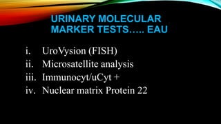 URINARY MOLECULAR
MARKER TESTS….. EAU
i. UroVysion (FISH)
ii. Microsatellite analysis
iii. Immunocyt/uCyt +
iv. Nuclear matrix Protein 22
 