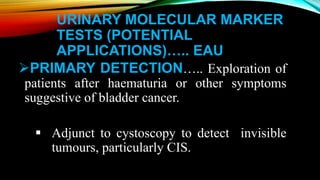 URINARY MOLECULAR MARKER
TESTS (POTENTIAL
APPLICATIONS)….. EAU
PRIMARY DETECTION….. Exploration of
patients after haematuria or other symptoms
suggestive of bladder cancer.
 Adjunct to cystoscopy to detect invisible
tumours, particularly CIS.
 