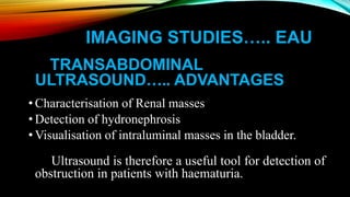 IMAGING STUDIES….. EAU
TRANSABDOMINAL
ULTRASOUND….. ADVANTAGES
• Characterisation of Renal masses
• Detection of hydronephrosis
• Visualisation of intraluminal masses in the bladder.
Ultrasound is therefore a useful tool for detection of
obstruction in patients with haematuria.
 