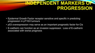 INDEPENDENT MARKERS OF
PROGRESSION
• Epidermal Growth Factor receptor sensitive and specific in predicting
progression in pT1G3 tumours
• p53 overexpression may serve as an important prognostic factor for Cis
• E-cadherin can function as an invasion suppressor. Loss of E-cadherin
associated with worse prognosis
 