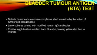 BLADDER TUMOUR ANTIGEN
(BTA) TEST
• Detects basement membrane complexes shed into urine by the action of
tumour cell collagenases
• Latex spheres coated with modified human IgG antibodies
• Positive agglutination reaction traps blue dye, leaving yellow dye free to
migrate
 