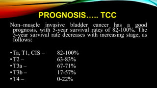 PROGNOSIS….. TCC
Non–muscle invasive bladder cancer has a good
prognosis, with 5-year survival rates of 82-100%. The
5-year survival rate decreases with increasing stage, as
follows:
•Ta, T1, CIS – 82-100%
•T2 – 63-83%
•T3a – 67-71%
•T3b – 17-57%
•T4 – 0-22%
 