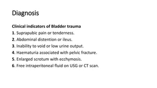 Diagnosis
Clinical indicators of Bladder trauma
1. Suprapubic pain or tenderness.
2. Abdominal distention or ileus.
3. Inability to void or low urine output.
4. Haematuria associated with pelvic fracture.
5. Enlarged scrotum with ecchymosis.
6. Free intraperitoneal fluid on USG or CT scan.
 