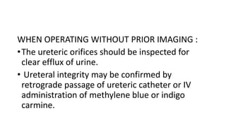 WHEN OPERATING WITHOUT PRIOR IMAGING :
•The ureteric orifices should be inspected for
clear efflux of urine.
• Ureteral integrity may be confirmed by
retrograde passage of ureteric catheter or IV
administration of methylene blue or indigo
carmine.
 
