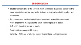 EPIDEMIOLOGY
• Bladder cancer (BC) is the seventh most commonly diagnosed cancer in the
male population worldwide, while it drops to tenth when both genders are
considered.
• Recurrence and routine surveillance/treatment make bladder cancer
most expensive malignancy to treat from diagnosis to death.
• M:F = 3:1 (survival better in men).
• Peak incidence ages 60-70 years.
• Majority (~93%) are urothelial cancer (transitional cell carcinoma).
 