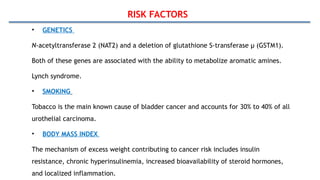 RISK FACTORS
• GENETICS
N-acetyltransferase 2 (NAT2) and a deletion of glutathione S-transferase μ (GSTM1).
Both of these genes are associated with the ability to metabolize aromatic amines.
Lynch syndrome.
• SMOKING
Tobacco is the main known cause of bladder cancer and accounts for 30% to 40% of all
urothelial carcinoma.
• BODY MASS INDEX
The mechanism of excess weight contributing to cancer risk includes insulin
resistance, chronic hyperinsulinemia, increased bioavailability of steroid hormones,
and localized inflammation.
 