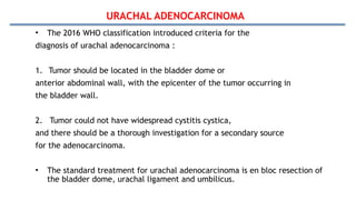 URACHAL ADENOCARCINOMA
• The 2016 WHO classification introduced criteria for the
diagnosis of urachal adenocarcinoma :
1. Tumor should be located in the bladder dome or
anterior abdominal wall, with the epicenter of the tumor occurring in
the bladder wall.
2. Tumor could not have widespread cystitis cystica,
and there should be a thorough investigation for a secondary source
for the adenocarcinoma.
• The standard treatment for urachal adenocarcinoma is en bloc resection of
the bladder dome, urachal ligament and umbilicus.
 