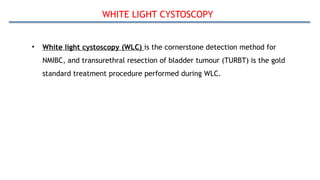 WHITE LIGHT CYSTOSCOPY
• White light cystoscopy (WLC) is the cornerstone detection method for
NMIBC, and transurethral resection of bladder tumour (TURBT) is the gold
standard treatment procedure performed during WLC.
 