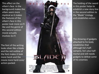 This effect on the
villain's face in the
background makes the
villain seem more
mystical as it makes
the features of the
villain's face in this
poster look more sci-fi
like and the genre of
this second edition
movie actually
involves Sci-fi

The font of the writing
looks silver like a blade
and the red outline of
the font makes it look
more harsh and the
movie more hard-core/
action-packed

The holding of the sword
in this poster helps to
establish a new story line
in the second edition to
the “Blade” triology
and establishes action

The showing of gadgets
attached to his body
establishes that
although he’s halfvampire, he’s also halfmortal and still needs
gadgets to defeat some
of his enemies

 