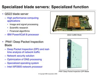 © Copyright IBM Corporation 2009
Specialized blade servers: Specialized function
• QS22 blade server
– High performance computing
applications
• Image and signal processing
• Scientific research
• Financial algorithms
– IBM PowerXCell 8i processor
• PN41 Deep Packet Inspection
Blade
– Deep Packet Inspection (DPI) and real-
time analysis of network traffic
– Network security solution
– Optimization of DNS processing
– Specialized operating system
– Intel IXP2805 network processor
QS22 CellBE Blade
PN41 Deep Packet Inspection (DPI Blade
 
