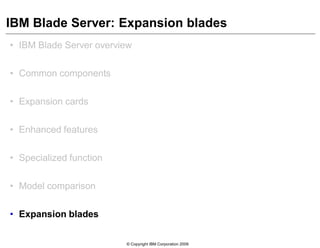 © Copyright IBM Corporation 2009
IBM Blade Server: Expansion blades
• IBM Blade Server overview
• Common components
• Expansion cards
• Enhanced features
• Specialized function
• Model comparison
• Expansion blades
 