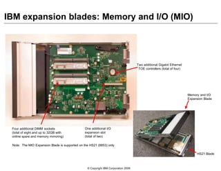 © Copyright IBM Corporation 2009
HS21 Blade
Memory and I/O
Expansion Blade
Two additional Gigabit Ethernet
TOE controllers (total of four)
Four additional DIMM sockets
(total of eight and up to 32GB with
online spare and memory mirroring)
One additional I/O
expansion slot
(total of two)
IBM expansion blades: Memory and I/O (MIO)
Note: The MIO Expansion Blade is supported on the HS21 (8853) only
 