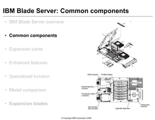 © Copyright IBM Corporation 2009
IBM Blade Server: Common components
• IBM Blade Server overview
• Common components
• Expansion cards
• Enhanced features
• Specialized function
• Model comparison
• Expansion blades
 