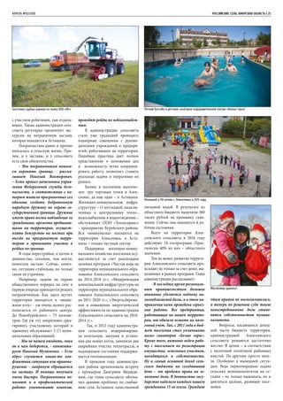 АПРЕЛЬ №02/2016	 	 РОССИЙСКИЕ СЕЛА. АМУРСКАЯ ОБЛАСТЬ | 25
с участием ребятишек, там отдыха-
ющих. Также администрация сель-
совета регулярно организует экс-
курсии на пограничную заставу,
которая находится в Асташихе.
Погранзастава давно и прочно
вписалась в сельскую жизнь. При-
чем, и у заставы, и у сельсовета
есть свои обязательства.
- Мы пограничникам помога-
ем охранять границу, - расска-
зывает Николай Викторович.
– Есть приказ начальника управ-
ления Федеральной службы безо-
пасности, в соответствии с ко-
торым жители приграничных сел
обязаны создать добровольную
народную дружину по охране го-
сударственной границы. Дружина
имеет право вести наблюдение за
гражданами, временно пребываю-
щими на территории, осущест-
влять дежурство на постах при
въезде на приграничную терри-
торию и принимать участие в
рейдах по границе.
В годы перестройки, а потом в
девяностые, сельчане, чем могли,
помогали заставе. Сейчас, конеч-
но, ситуация стабильна, но тесные
связи не утрачены.
Например, задачи по охране
общественного порядка на селе в
первую очередь приходится решать
пограничникам. Как здесь шутят,
территория находится в «медве-
жьем углу» - уж очень далеко рас-
полагается от районного центра.
До Новобурейского – 75 киломе-
тров. Где уж тут оперативно среа-
гировать участковому, который в
одиночку обслуживает 5 (!) муни-
ципальных образований.
- Мы не можем ожидать, пока
он к нам доберется, - комменти-
рует Николай Музыченко. – Если
вдруг случается какая-то кон-
фликтная ситуация или правона-
рушение – напрямую обращаемся
на заставу. И помощь получаем
очень быстро. Пограничники по-
могают и в профилактической
работе: уничтожают коноплю,
проводят рейды по неблагонадеж-
ным.
В администрации сельсовета
стало уже традицией проводить
планерные совещания с руково-
дителями учреждений и предпри-
ятий, работающих на территории.
Подобная практика дает полное
представление о положении дел
и возможность четко координи-
ровать работу, позволяет ставить
реальные задачи и оперативно их
решать.
Бизнес в поселении малочис-
лен: три торговых точки в Алек-
сеевке, да еще одна – в Асташихе.
Жилищно-коммунальную инфра-
структуру – 11 коттеджей, подклю-
ченных к центральному тепло-,
водоснабжению и водоотведению –
обслуживает ООО «Теплосервис»
- предприятие Бурейского района.
Вся «коммуналка» находится на
территории Алексеевки, в Аста-
шихе – только частный сектор.
Поддержка жилищно-комму-
нального хозяйства поселения осу-
ществляется за счет реализации
целевых программ «Чистая вода на
территории муниципального обра-
зования Алексеевского сельсовета
на 2014-2018 гг.», «Модернизация
коммунальной инфраструктуры на
территории муниципального обра-
зования Алексеевского сельсовета
на 2011-2020 гг.», «Энергосбереже-
ние и повышение энергетической
эффективности по администрации
Алексеевского сельсовета на 2010-
2014 гг.».
Так, в 2012 году администра-
ция сельсовета модернизирова-
ла котельную, закупив и устано-
вив два новых котла, заменили два
аварийных участка теплотрассы, в
надлежащем состоянии поддержи-
вается теплоизоляция.
В прошлом году администра-
ция района организовала встречу
с премьером Дмитрием Медведе-
вым, где глава сельсовета обозна-
чил давнюю проблему по снабже-
нию села Асташихи качественной
питьевой водой. В результате из
областного бюджета выделили 360
тысяч рублей на промывку сква-
жины. Сейчас она находится в ра-
бочем состоянии.
Всего на территории Алек-
сеевского сельсовета в 2016 году
действуют 14 госпрограмм. Прак-
тически 40% из них – областного
значения.
Тем не менее, развитие террито-
рии Алексеевского сельсовета про-
исходит не только за счет денег, вы-
деляемых в рамках программ. Глава
администрации рассказывает:
- В последнее время региональ-
ным правительством большое
внимание уделяется подъему на-
логооблагаемой базы, и в этом на-
правлении нами проведена серьез-
ная работа. Все предприятия,
работающие на нашей террито-
рии, мы обязали встать на нало-
говый учет. Так, с 2011 года в бюд-
жет поселения стал уплачивать
налог санаторий «Белые горы».
Кроме того, активно ведем рабо-
ту с населением по регистрации
имущества, земельных участков,
находящихся в собственности.
Ну и самый основной доход сель-
ского бюджета на сегодняшний
день – от продажи права на зе-
мельные доли. В девяностые госу-
дарство наделило каждого нашего
гражданина 15 га земли. Граждане
этим правом не воспользовались,
и теперь по решению суда такие
невостребованные доли стано-
вятся собственностью муници-
палитета.
Вопросы, касающиеся доход-
ной части бюджета территории,
администрацией Алексеевского
сельсовета решаются достаточно
жестко. В целом – в соответствии
с налоговой политикой районных
властей. По-другому просто нель-
зя. Особенно в нынешней ситуа-
ции. Ведь первоочередная задача
сельских муниципалитетов на се-
годня – не только выживать, но и
двигаться дальше, развивая посе-
ления.
Масленица удалась!
Заготовка грубых кормов на полях ООО «Юг» Летний бассейн в детском санаторно-оздоровительном лагере «Белые горы»
Флешмоб к 90-летию с. Алексеевка в 2015 году
 