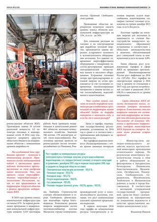 АПРЕЛЬ №02/2016	 	 ЭКОНОМИКА региона. ЖИЛИЩНО-КОММУНАЛЬНЫЙ КОМПЛЕКС | 41
реконструкции объектов ЖКХ.
Произведена замена 16 котлов
различной мощности, 4,3 ки-
лометра тепловых и водопро-
водных сетей. В 2016 году пла-
нируется направить средства
областного бюджета на модерни-
зацию объектов с повышенным
уровнем аварийности.
- На сегодняшний день тре-
бование времени – экономия и
оптимизация ресурсов. Прак-
тически всегда инновационный
подход к организации произ-
водства достигается преиму-
щественно за счет внедрения
новых технологий. Они, как
правило, самые энергоэффек-
тивные, энергосберегающие и
экологичные. Расскажите, ка-
кие из них применяются на
территории Амурской области
в рамках программы модерни-
зации ЖКХ.
- В 2010 году уровень износа
коммунальной инфраструктуры
составлял 67%. За период реали-
зации программы в модерниза-
цию коммунальной инфраструк-
туры вложено 3,533 миллиарда
рублей, была проведена модер-
низация и капитальный ремонт
863 объектов жилищно-комму-
нального хозяйства. Заменено
346 котлов, 178 километров се-
тей тепло-водоснабжения. Реа-
лизованы крупные проекты по
реконструкции систем теплово-
доснабжения сел Ивановка, Ром-
ны, Тамбовка. Строительство
станции обезжелезивания в го-
роде Свободном, реконструк-
ция водозабора города Благо-
вещенска. Комплексно решены
вопросы модернизации систем
тепловодоснабжения поселка
Магдагачи, города Сковородино,
поселка Орлиный Свободнен-
ского района.
Проводимые областью ме-
роприятия позволили снизить
уровень износа объектов ком-
мунальной инфраструктуры на
13%, то есть - до 54%.
Для снижения расходов на
топливо и на электроэнергию
при выработке тепловой энер-
гии, производится замена мо-
рально устаревшего основного
и вспомогательного оборудова-
ния котельных. Его заменит со-
временное энергоэффективное
оборудование с внедрением ча-
стотно-регулируемых приводов
электродвигателей тягодутье-
вых машин и насосного обору-
дования. Устранение тепловых
потерь при транспортировке те-
пловой энергии по сетям про-
изводится за счет установки со-
временных теплоизолирующих
материалов и замены ветхих се-
тей теплоснабжения, водоснаб-
жения и водоотведения.
- Что сегодня можно ска-
зать по поводу тарифной поли-
тики ресурсоснабжающих орга-
низаций на территории нашей
области? Будут ли тарифы
повышены в нынешнем году, и
если да, то в каком размере?
- Цены и тарифы, подлежа-
щие государственному регули-
рованию, установлены на 2016
год в сроки и в соответствии с
требованиями действующего за-
конодательства.
Все тарифные решения явля-
ются сбалансированными с точ-
ки зрения законных интересов
производителей услуг и плате-
жеспособности населения, учи-
тывая, что рост коммунальных
платежей ограничен предельны-
ми индексами.
В первом полугодии 2016
года тарифы на коммунальные
ресурсы (электрическую и те-
пловую энергию, услуги водо-
снабжения, водоотведения, газ,
твердое (печное) топливо) уста-
новлены на уровне декабря 2015
года, то есть без роста.
Льготные тарифы на тепло-
вую энергию для населения (в
зависимости от степени бла-
гоустройства конкретного му-
ниципального образования)
установлены в соответствии с
областным законодательством
в величине, обеспечивающей
рост совокупной платы за ком-
мунальные услуги не выше 6,8%.
Таким образом, рост уста-
новленных тарифов в сфере
ЖКХ не превышает прогнози-
руемый Минэкономразвития
России рост инфляции на 2016
год (107,4%). Рост тарифов на
электрическую энергию в 2016
году в среднем по отношению к
2015 году для прочих потребите-
лей составит в диапазоне 101,9-
109,5% в зависимости от уровня
напряжения.
- Среди объектов ЖКХ об-
ласти достаточно таких, со-
стояние которых вызывает
вопросы. Естественно, что оно
напрямую зависит от состоя-
ния той территории, на кото-
рой эти объекты расположены.
Расскажите об основных объ-
ектах и проблемных террито-
риях, которые министерство
ЖКХ держит на контроле. Ка-
ковы пути решения острых
проблем?
- Министерством жи-
лищно-коммунального хо-
зяйства ведется круглосуточ-
ный мониторинг прохождения
отопительного периода. По
результатам мониторинга тех-
нологические отказы и сбои
в работе оборудования за-
фиксированы в Архаринском,
Белогорском, Ивановском,
Константиновском, Мазанов-
ском, Октябрьском, Ромнен-
ском, Свободненском, Се-
рышевском, Михайловском,
Тамбовском и Шимановском
районах, а также в городе Бла-
говещенске. В соответствии
с методикой, утвержденной
государственной програм-
мой, средства будут сконцен-
трированы на мероприятиях
по повышению надежности и
качества предоставления жи-
лищно-коммунальных услуг.
Владимир Иванов
Рост тарифов на коммунальные ресурсы
(электрическую и тепловую энергию, услуги водоснабжения,
водоотведения, газ, твердое (печное) топливо) со второго полугодия
в сравнении с декабрем 2015 года и первым полугодием 2016 года
в среднем по Амурской области составил:
• Электрическая энергия для населения - 101,0 %;
• Тепловая энергия - 103,0 %;
• Холодная вода - 103,2 %;
• Услуги водоотведения - 104,1%;
• Газ сжиженный - 105,4%;
• Топливо твердое (пенное): уголь - 102,1%, дрова - 101,5%.
 