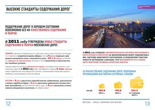 млн руб. 332,2
за 3 месяца
2013 г.
305,8
2011 г.
745,8
2012 г.
в 2012 году создана автоматическая система постоянного
посуточного контроля за выполнением работ подрядчика-
ми. Система фиксирует нарушения, и подрядчику выстав-
ляются штрафные санкции, что мотивирует его соблю-
дать высокий уровень качества работы.
За некачественное содержание дорог подрядным
организациям выставлены штрафные санкции
Высокие стандарты содержания дорог
Поддержание дорог в хорошем состоянии
невозможно без их качественного содержания
и уборки.
В 2011 году утверждены новые стандарты
содержания и уборки московских дорог.
ЗИМОЙ: увеличена периодичность сдвигания снега в дни сильных снегопадов,
что позволило сократить время уборки снега в 4 раза; сокращен срок
вывоза выпавшего снега с московских улиц с 16 до 2 суток; установле-
ны правила по применению объемов и типов реагентов в зависимости
от погодных условий.
Городом ведется активное обновление парка снегоуборочной техники и спе-
циальных средств. К 2015 году будет приобретено порядка 6 тыс. единиц
новой современной снегоуборочной техники, позволяющей оперативно решать
проблемы, возникающие в зимний период.
Летом: в 3 раза увеличена периодичность подметания, увлажнения
и мойки городских дорог; в 3 раза увеличена кратность полива зеле-
ных насаждений, расположенных вдоль дорог; в 3 раза увеличено исполь-
зование вакуумных пылесосов для уборки дорог.
МОСКВА – город, удобный для жизни
1312
БЛАГОУСТРОЕННЫЙ
ГОРОД
 