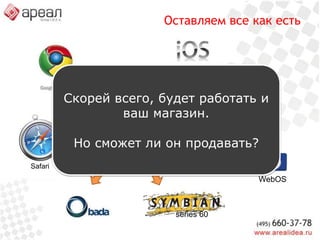 Рынок смартфонов. Прогнозы.К концу года доля смартфонов составит 49,2%*Доля iOSи Android среди смартфонов составит 57,9%**  * по данным ExactTargethttp://www.exacttarget.com/** по данным прогноза Gartnerhttp://www.gartner.com/it/page.jsp?id=1622614