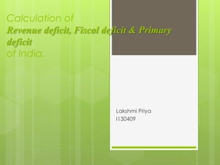 Calculation of
Revenue deficit, Fiscal deficit & Primary
deficit
of India.
Lakshmi Priya
I130409
 