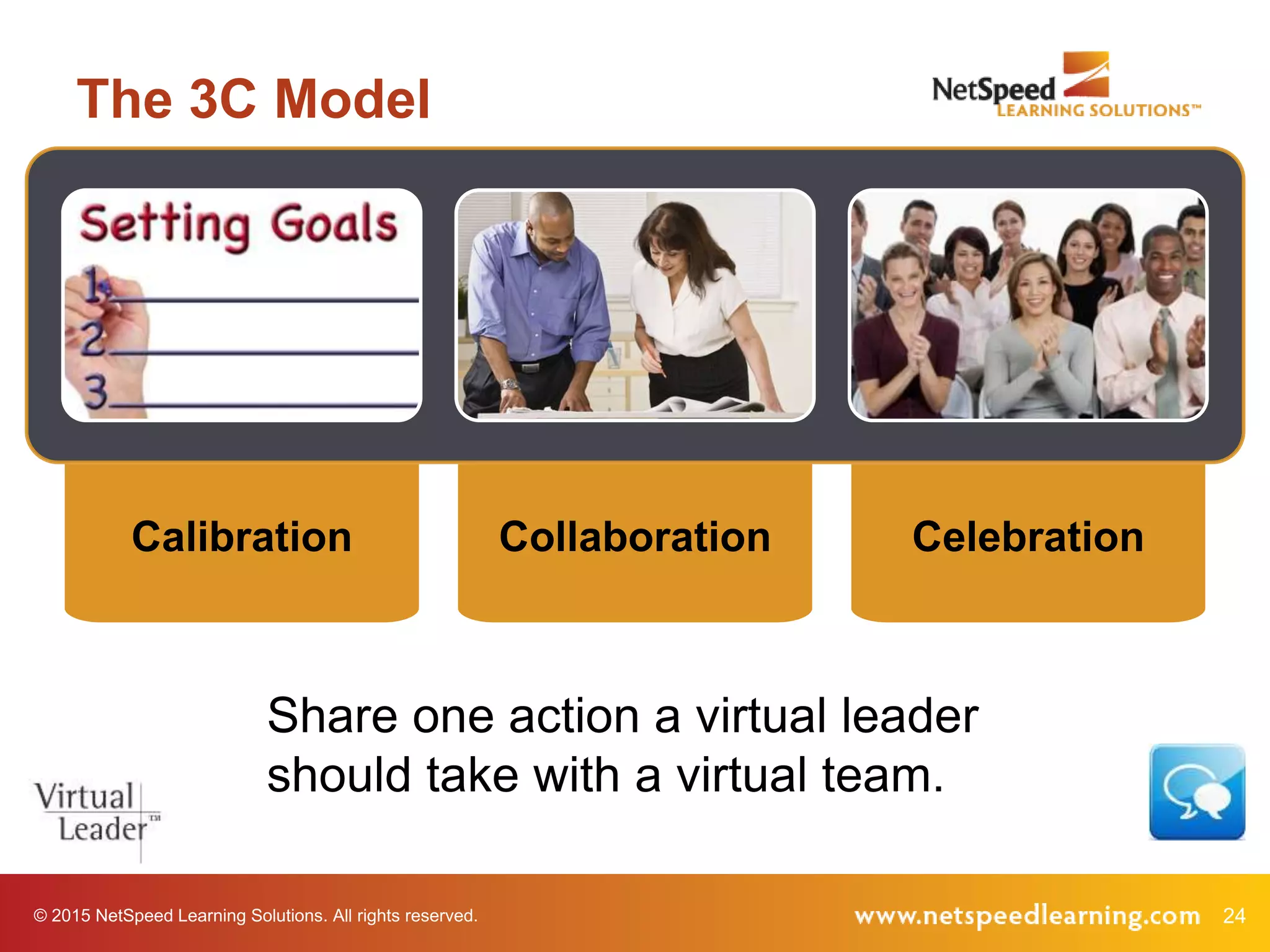 © 2015 NetSpeed Learning Solutions. All rights reserved. 24
The 3C Model
Calibration Collaboration Celebration
Share one action a virtual leader
should take with a virtual team.
 