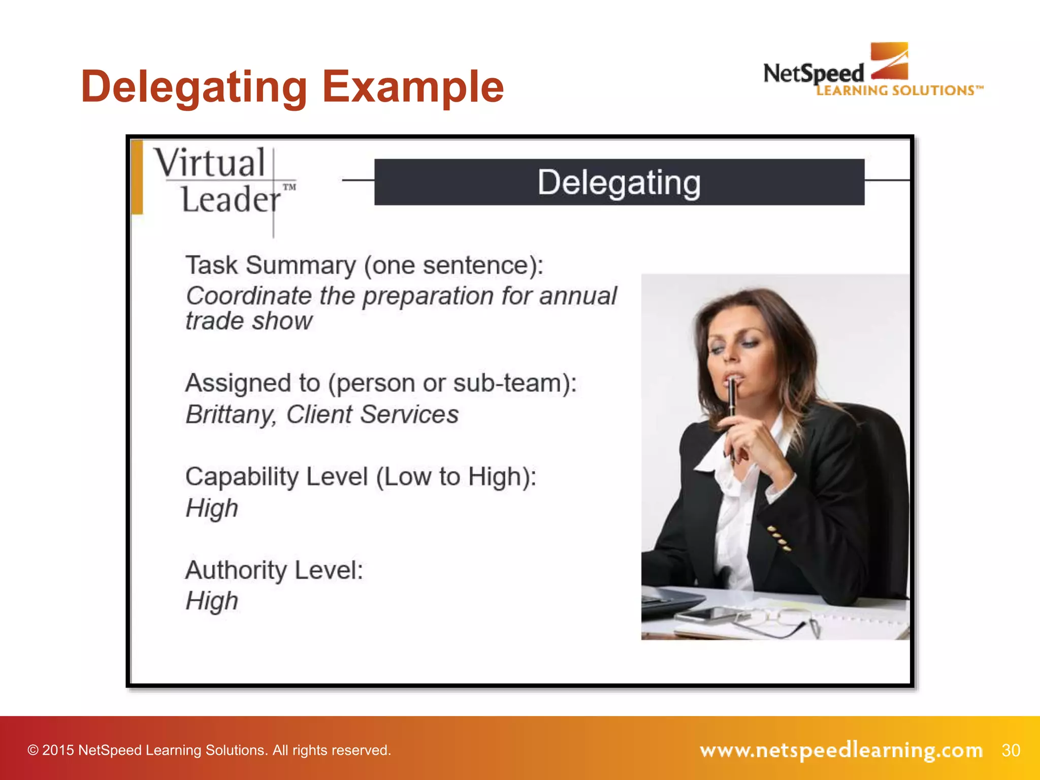 © 2015 NetSpeed Learning Solutions. All rights reserved. 30
Delegating Example
 