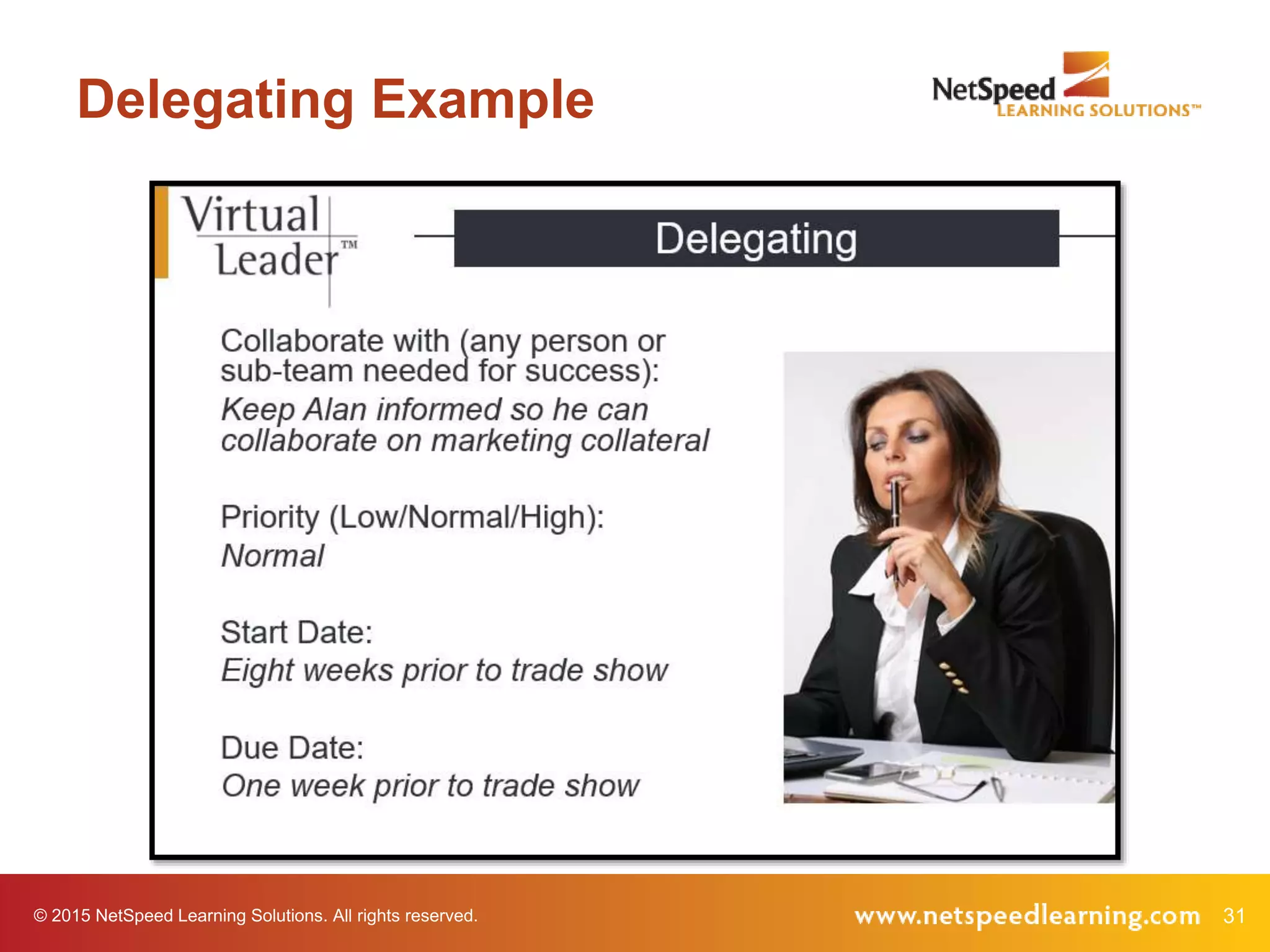 © 2015 NetSpeed Learning Solutions. All rights reserved. 31
Delegating Example
 
