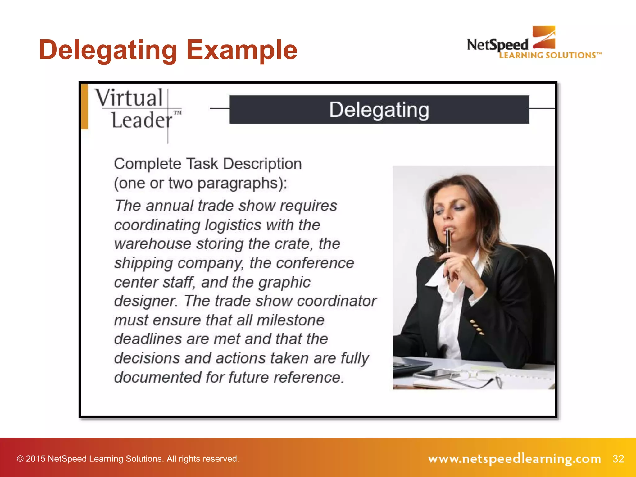 © 2015 NetSpeed Learning Solutions. All rights reserved. 32
Delegating Example
 
