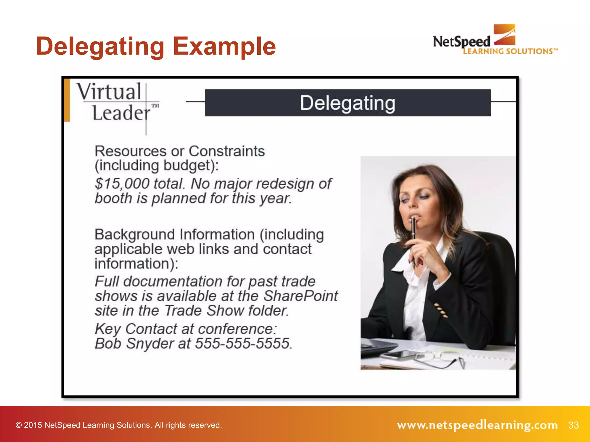 © 2015 NetSpeed Learning Solutions. All rights reserved. 33
Delegating Example
 