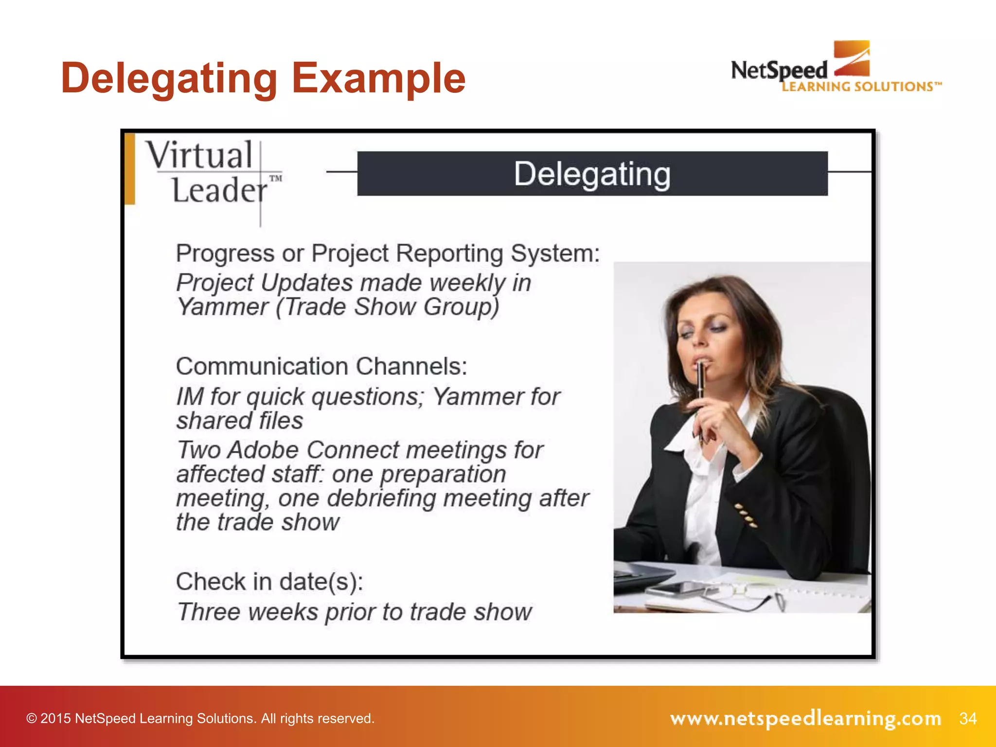 © 2015 NetSpeed Learning Solutions. All rights reserved. 34
Delegating Example
 
